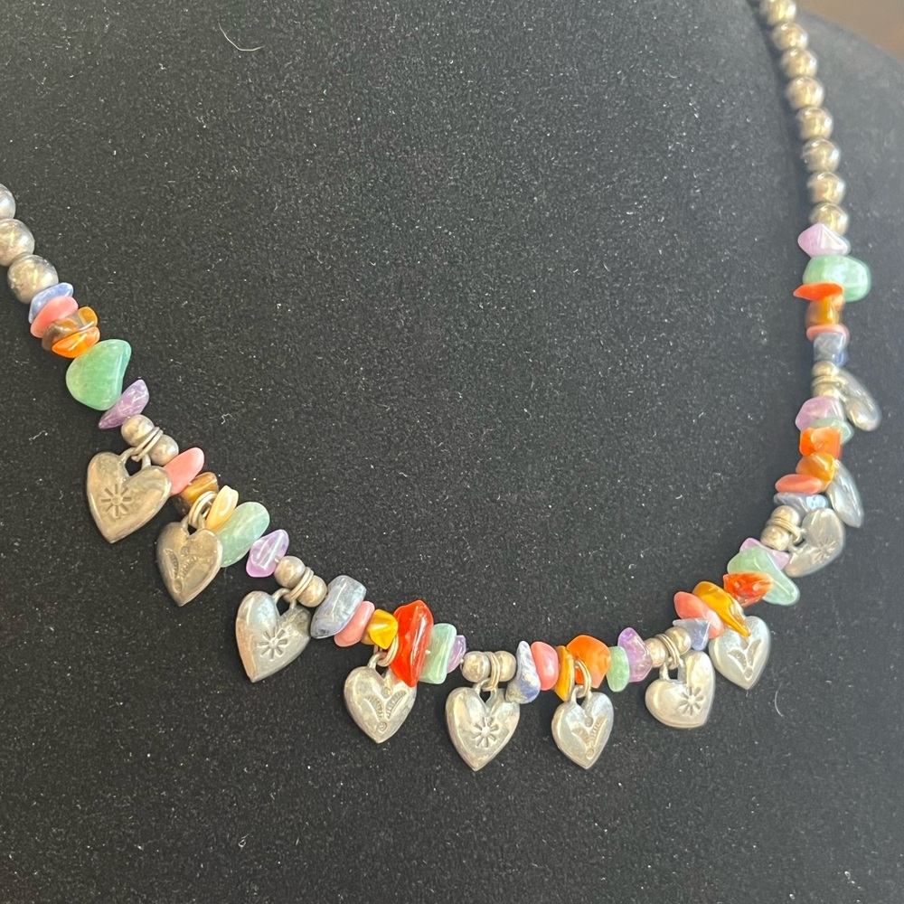 Vintage Sterling Silver Heart Charms Necklace with Multicolored Gemstones in box